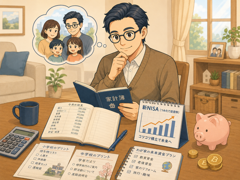 家族の将来を考えながら家計簿、新NISA、暗号資産積立を管理する会社員の父親
