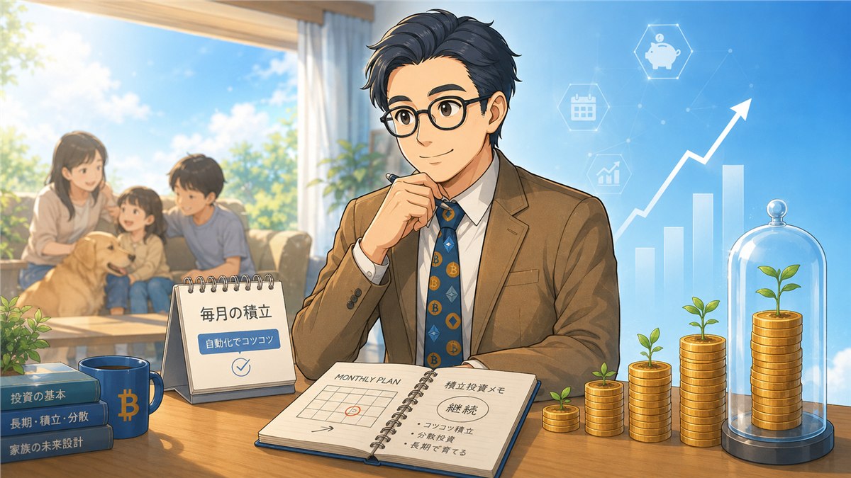 家族を守りながら毎月の積立で少額資産形成を続けるイメージ