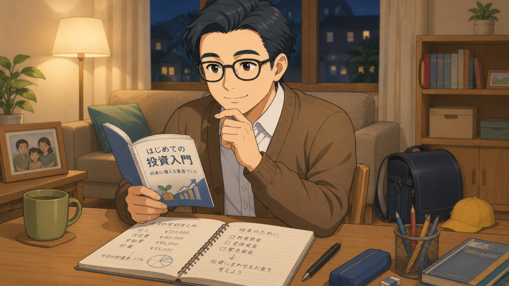 投資を始める前に家計を整理しながら投資入門書を読む会社員パパの挿絵