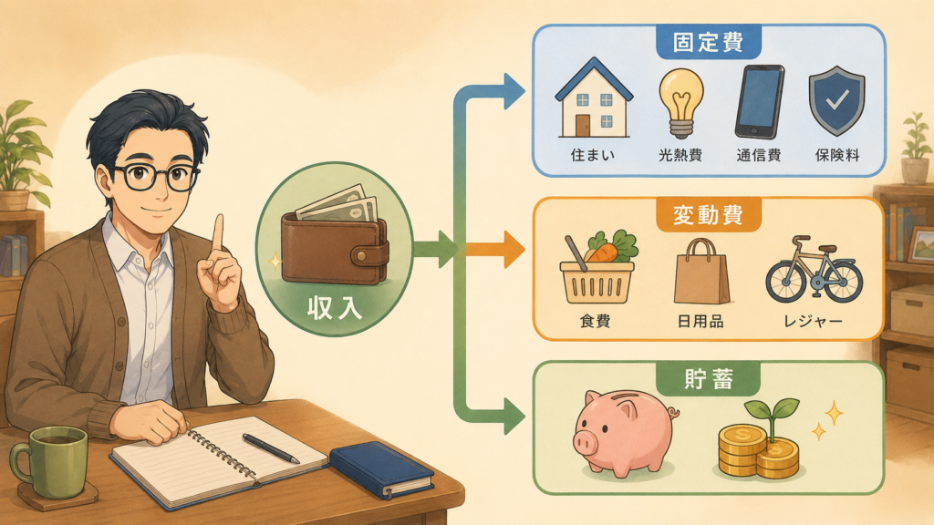 収入を固定費・変動費・貯蓄に分けてお金の流れを整理する図解
