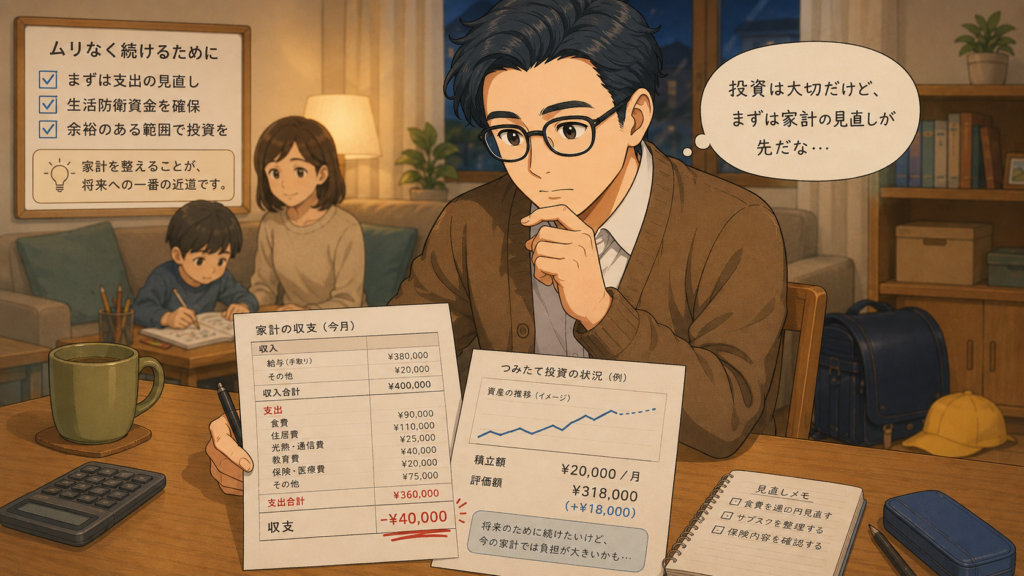 家族の生活費を確認しながら投資より先に家計見直しを考える会社員パパの挿絵