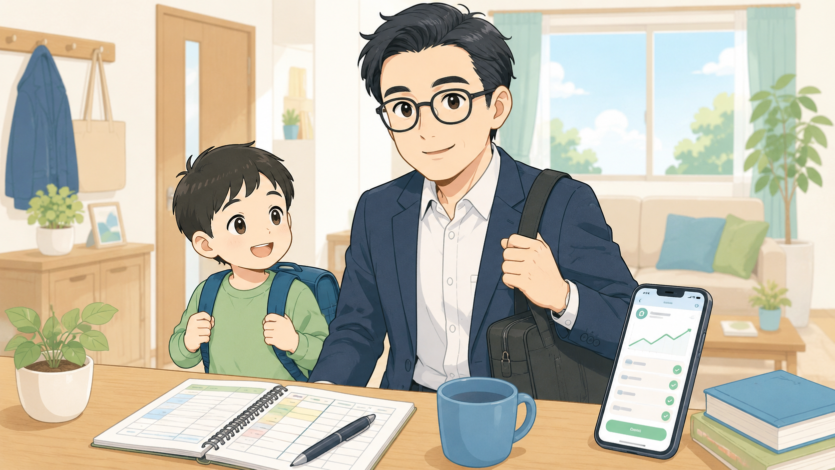 会社員の父親が子どもと一緒に自動積立アプリを確認するイメージ