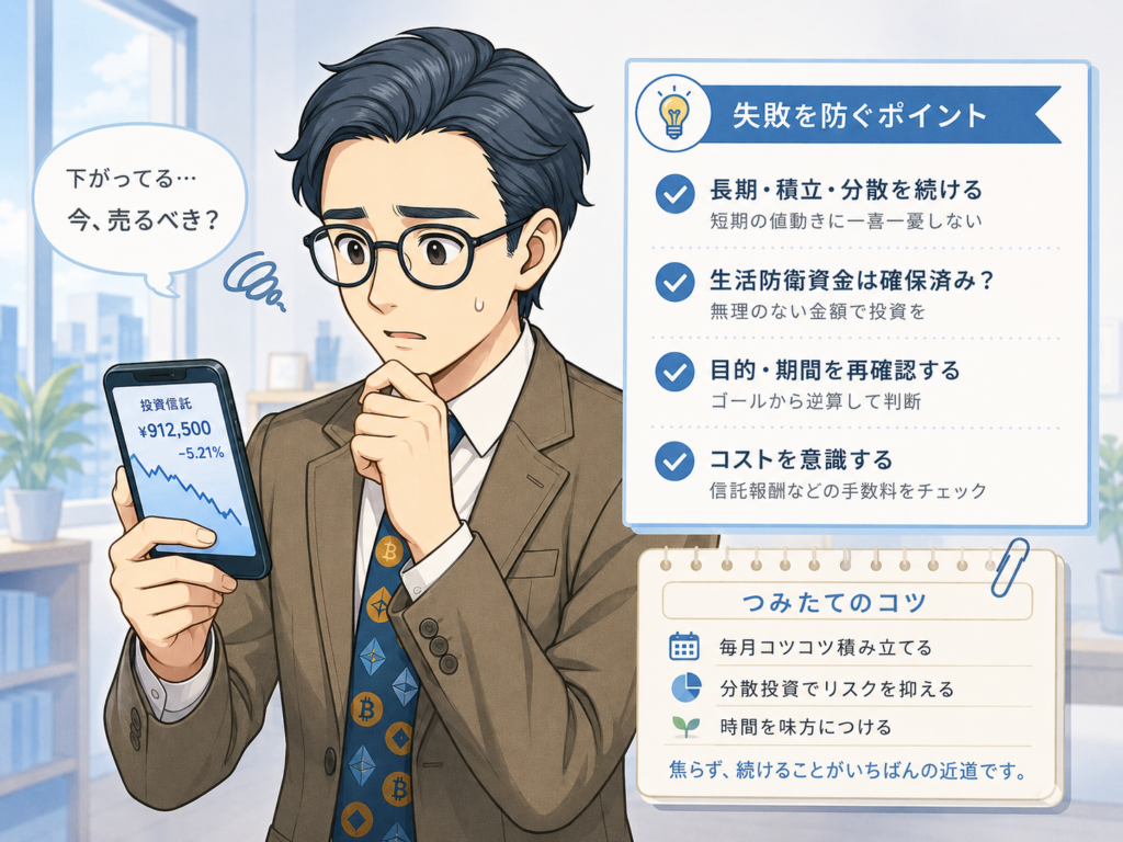 投資信託の値下がり時に焦って売らず長期積立と分散を確認する会社員