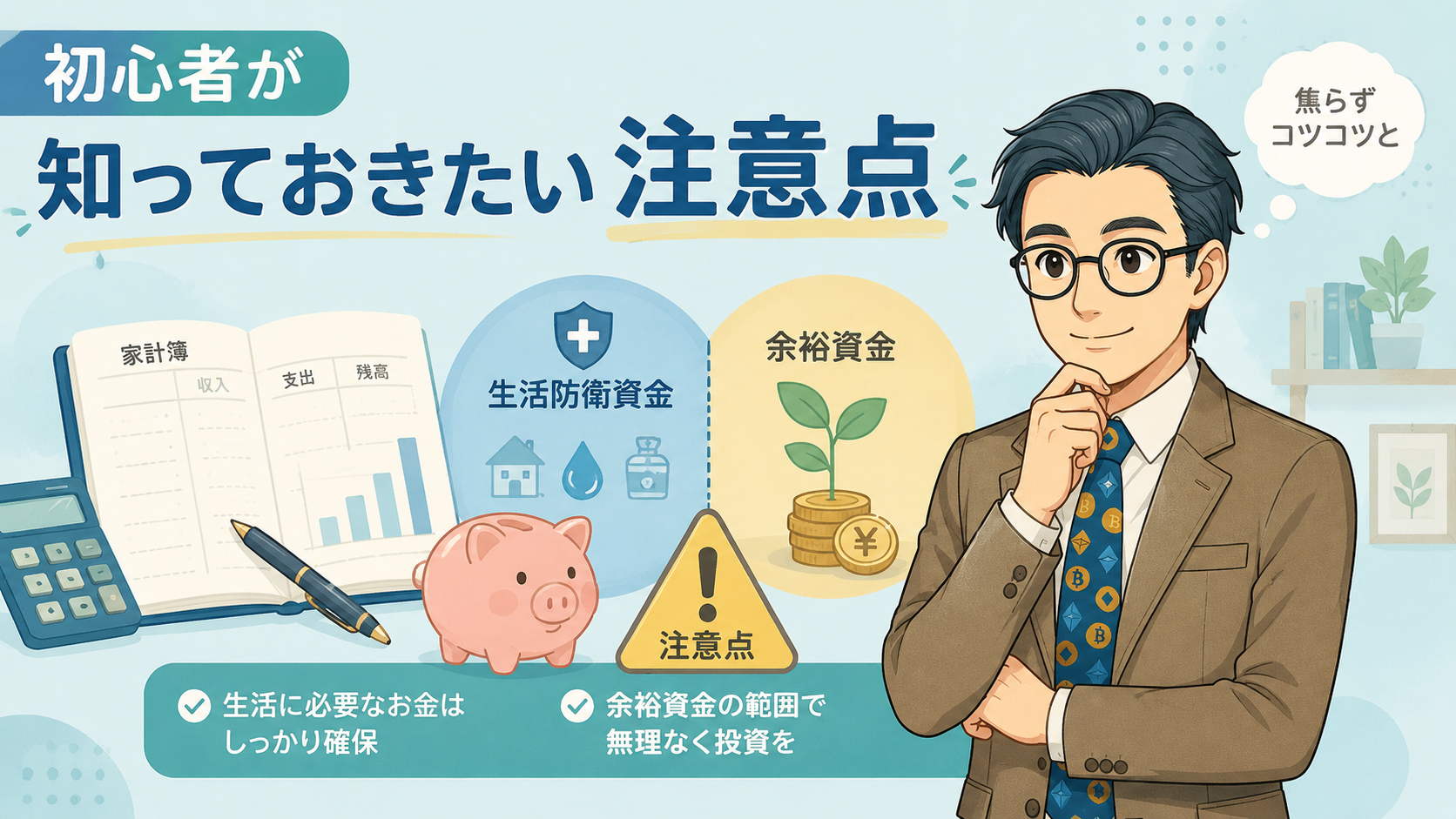 新NISA初心者が生活防衛資金と余裕資金を分けて無理なく投資する注意点を説明する図解