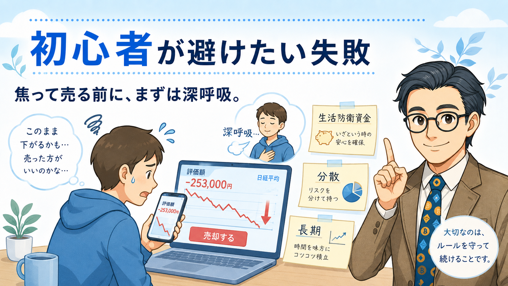 新NISA初心者が下落時の焦り売りを避け生活防衛資金・分散・長期のルールを守る挿絵