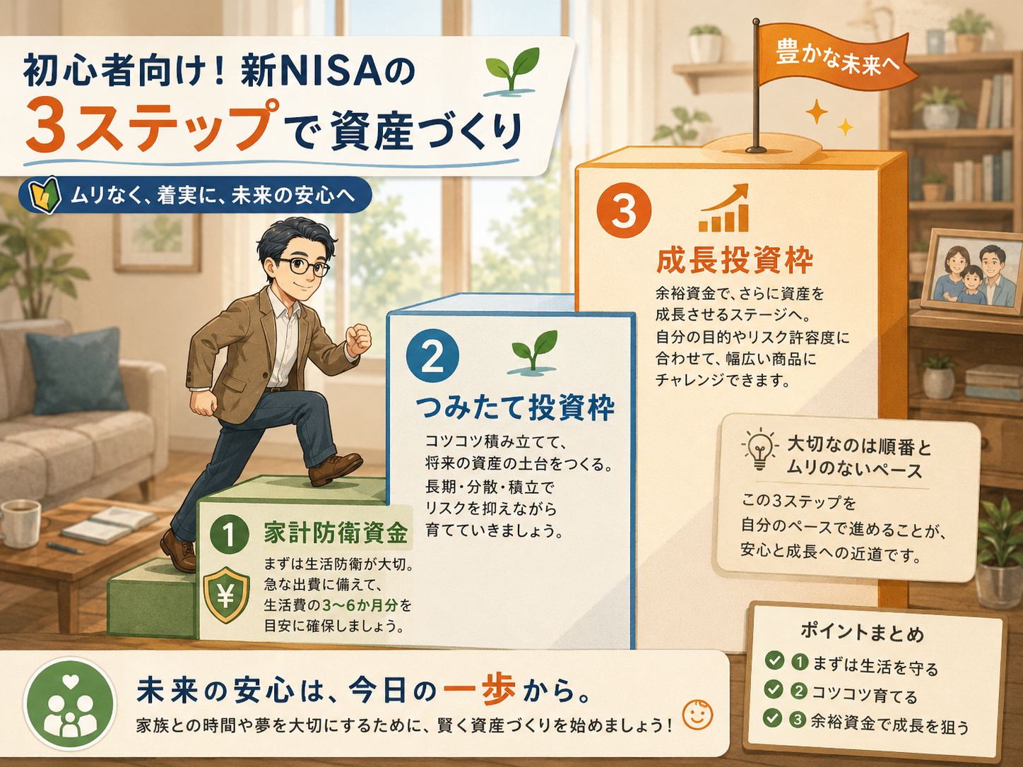 家計防衛資金、つみたて投資枠、成長投資枠の順に進める初心者向け3ステップ