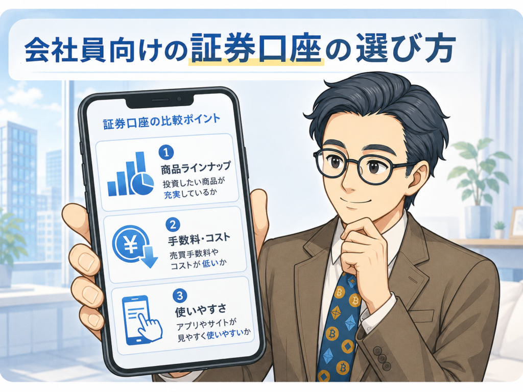 会社員が新NISAの証券口座を商品ラインナップ手数料使いやすさで比較するイメージ