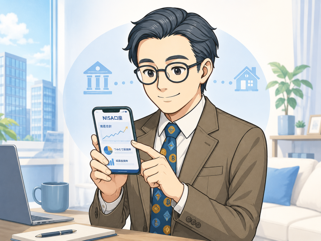 スマートフォンで新NISA口座の資産状況を確認する会社員