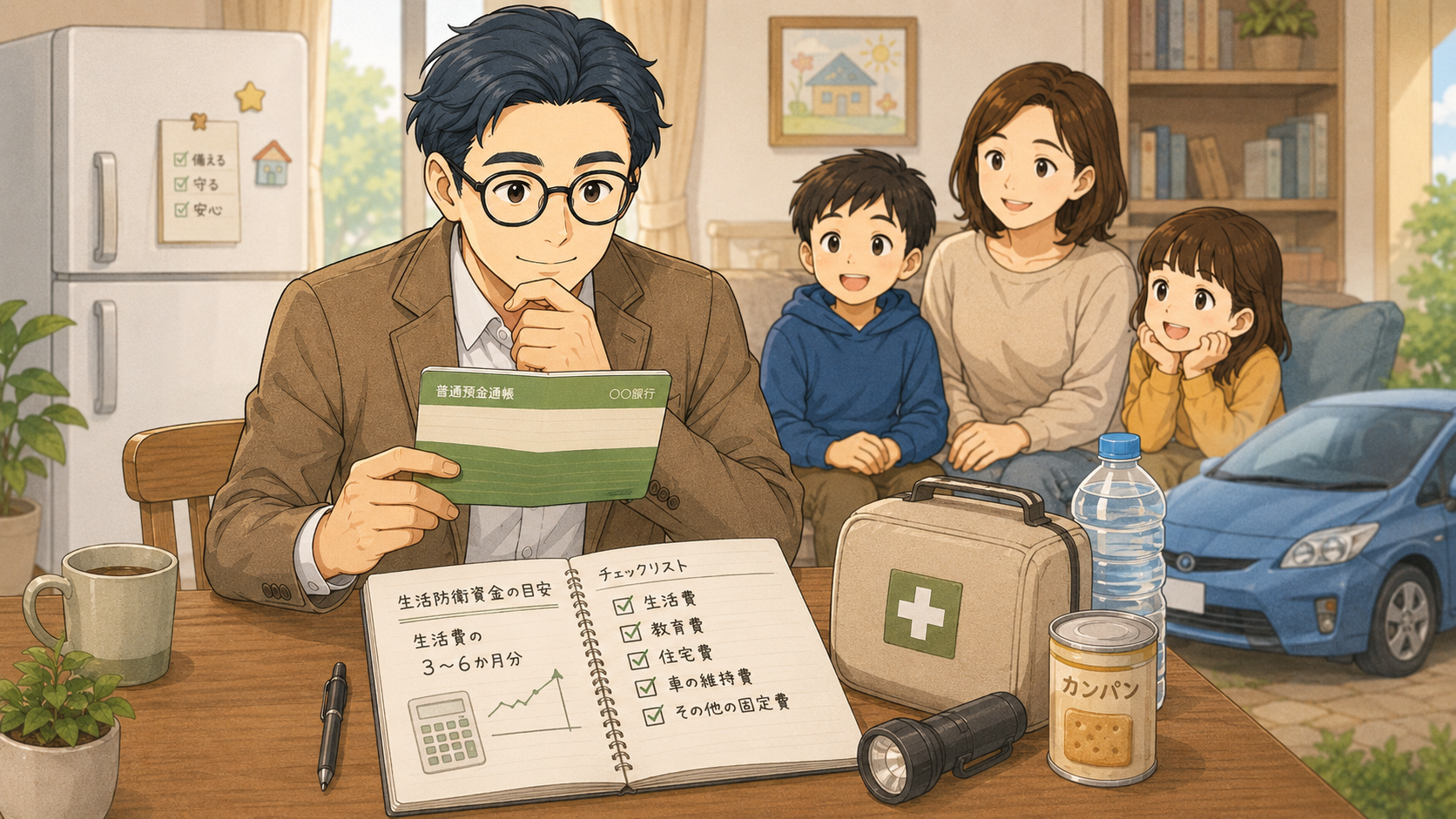 生活防衛資金の目安とチェックリストを確認する会社員パパと家族のイラスト
