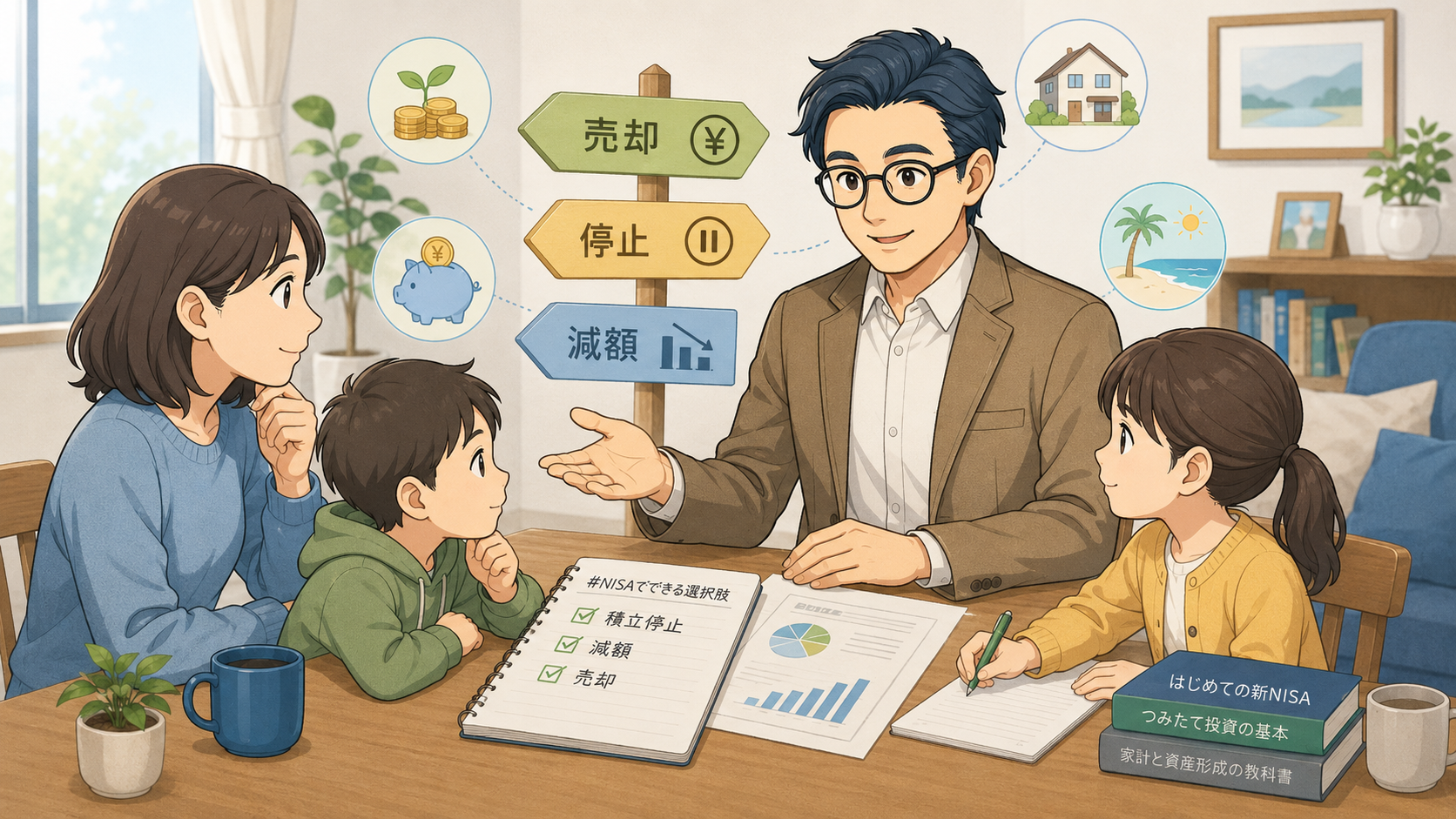 家族で新NISAの停止・減額・売却を相談する挿絵