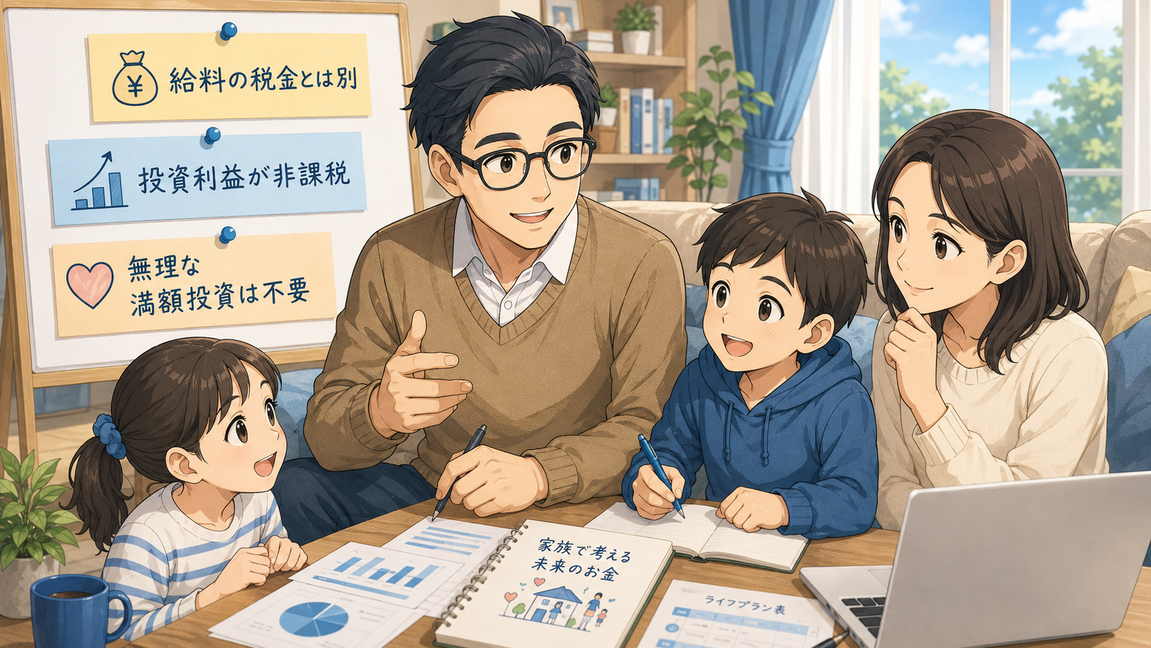 家族で新NISAの非課税と無理のない投資額を話し合う様子