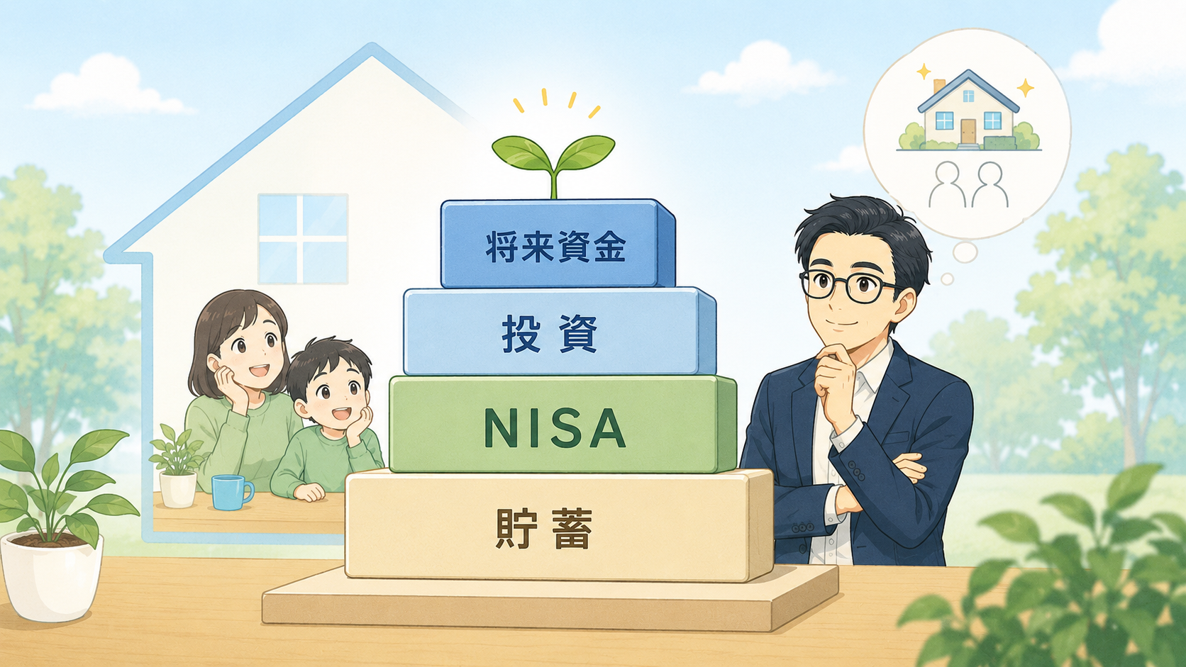 貯蓄を土台にNISAと投資を重ねて将来資金を作るイメージ