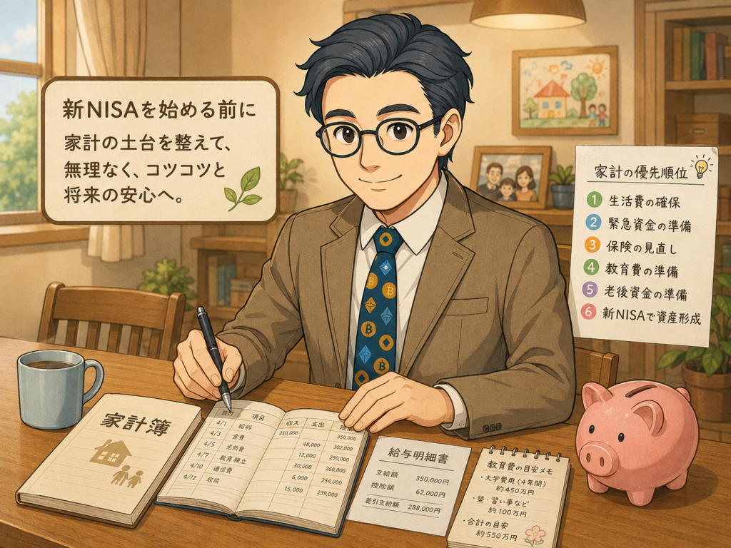 家計簿と給与明細を確認し新NISAを始める前に生活費や緊急資金などの優先順位を整える会社員