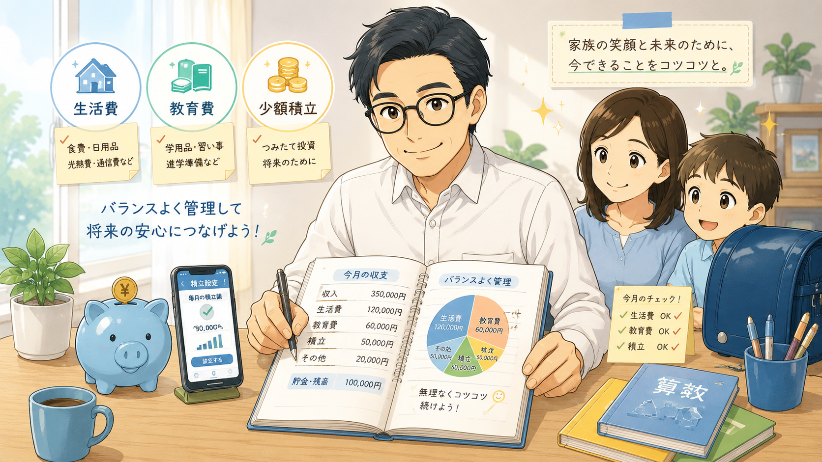 会社員家庭が生活費・教育費・少額積立を分けて管理する様子