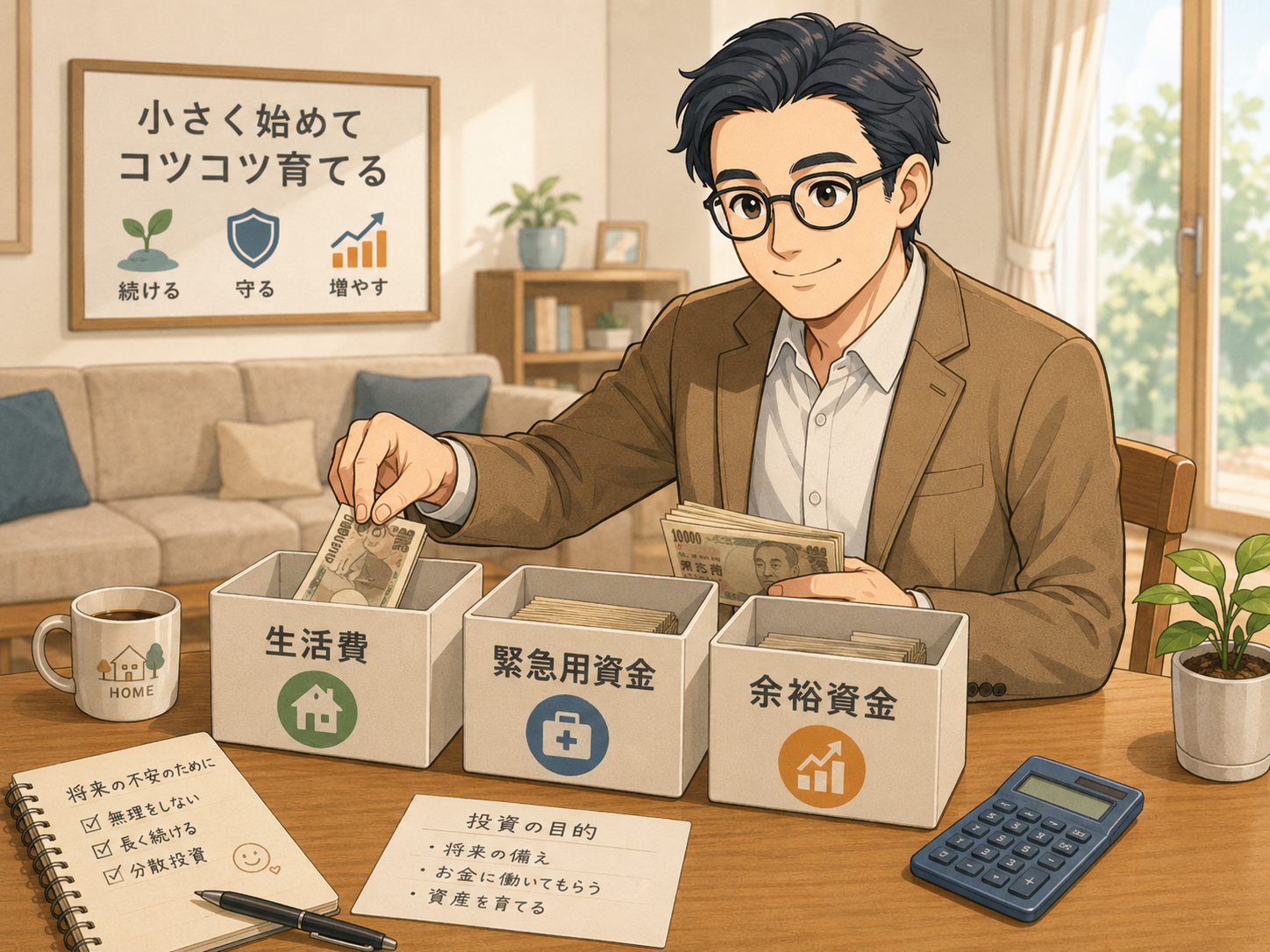 生活費、緊急用資金、余裕資金を分けて家計防衛資金を確保するイメージ