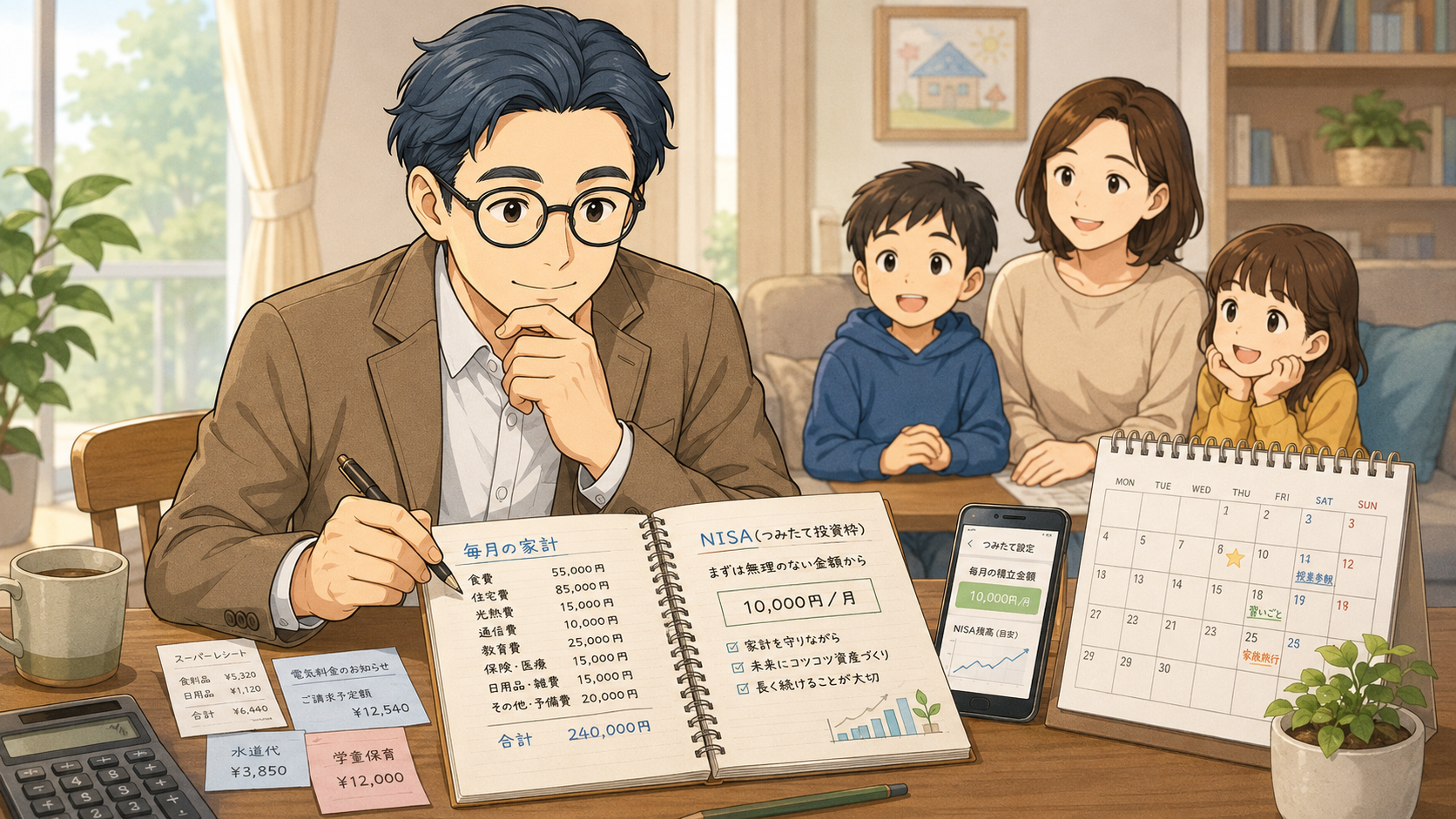 新NISAを始める前に家計簿と積立額を確認する会社員パパと家族のイラスト