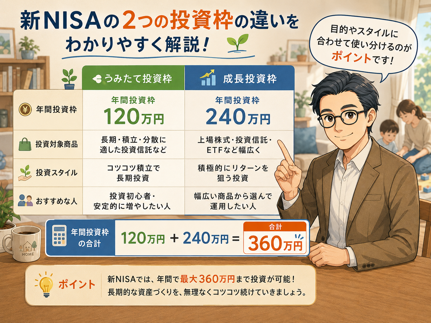 新NISAのつみたて投資枠と成長投資枠の年間投資枠や対象商品を比較した図解