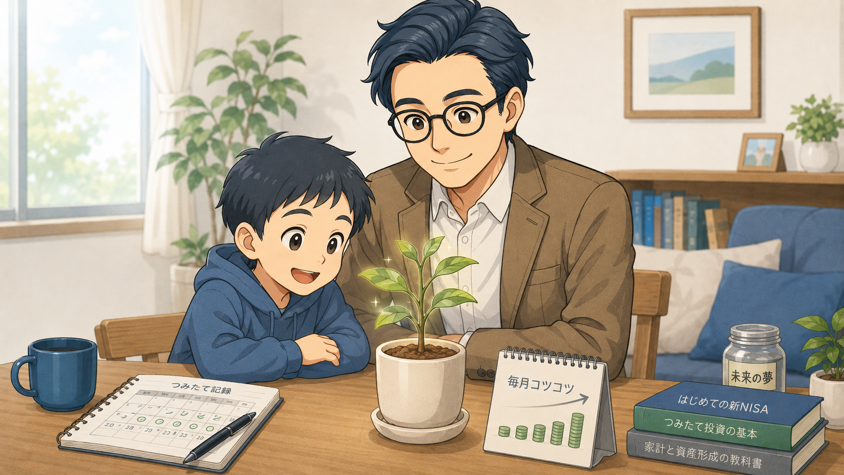 家族と毎月コツコツ新NISAを続けるイメージの挿絵