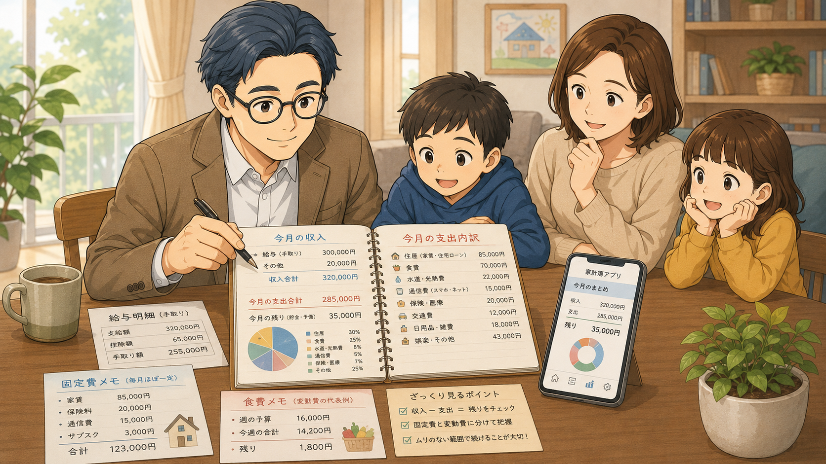 家計簿アプリとノートで毎月の収入と支出を確認する家族のイラスト