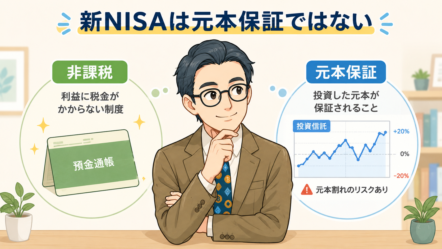新NISAは元本保証ではないことと、非課税制度と元本保証の違いを説明する挿し絵
