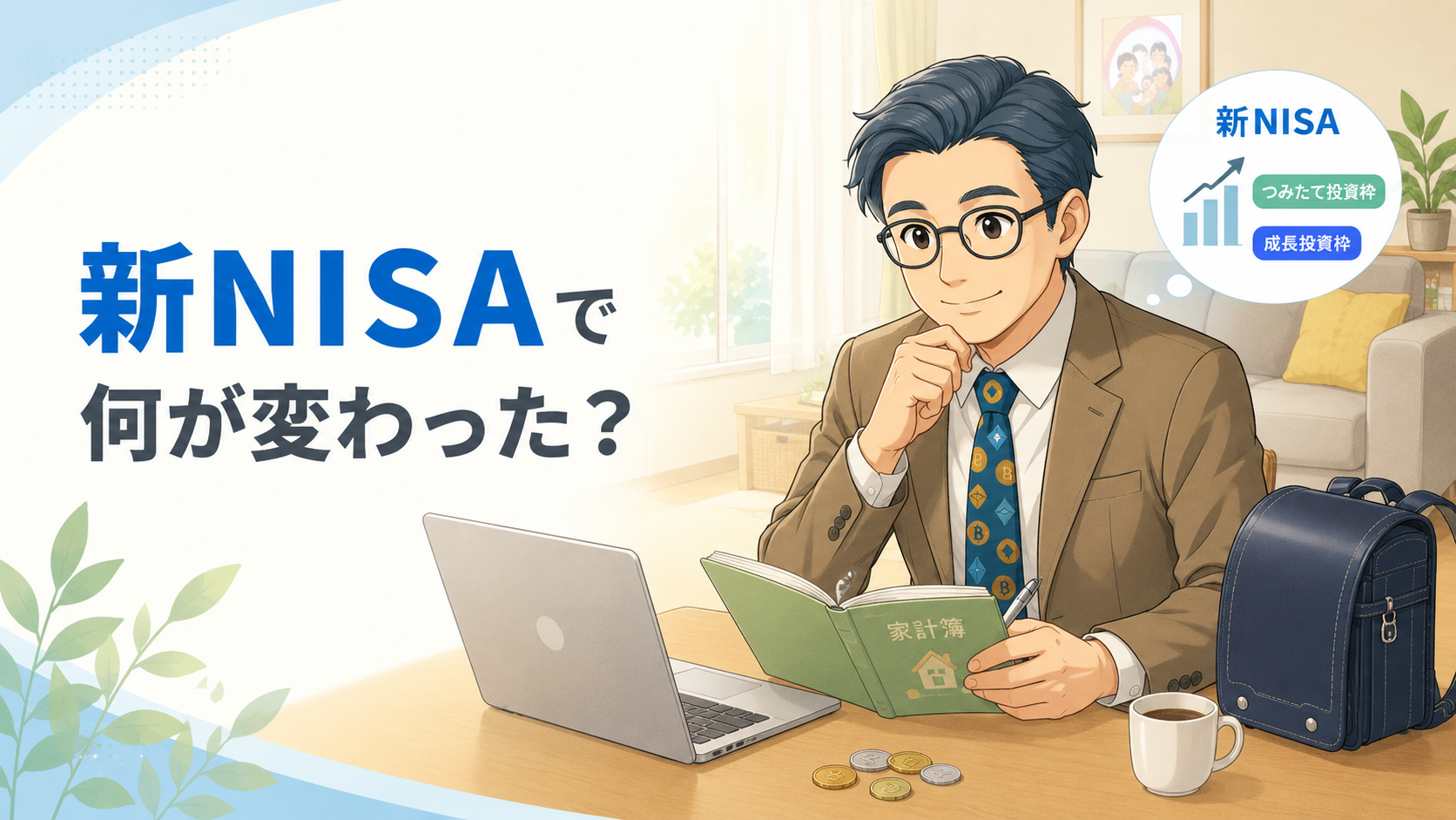 新NISAで何が変わったかを初心者向けに説明するアイキャッチ画像。会社員パパが家計簿を見ながらつみたて投資枠と成長投資枠を考えている。