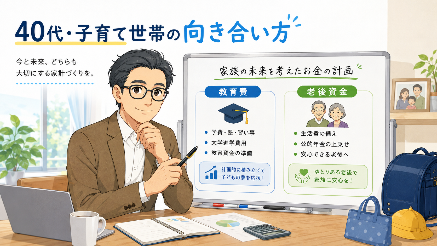 40代子育て世帯が教育費と老後資金を見ながら新NISAと向き合う考え方を説明する図解