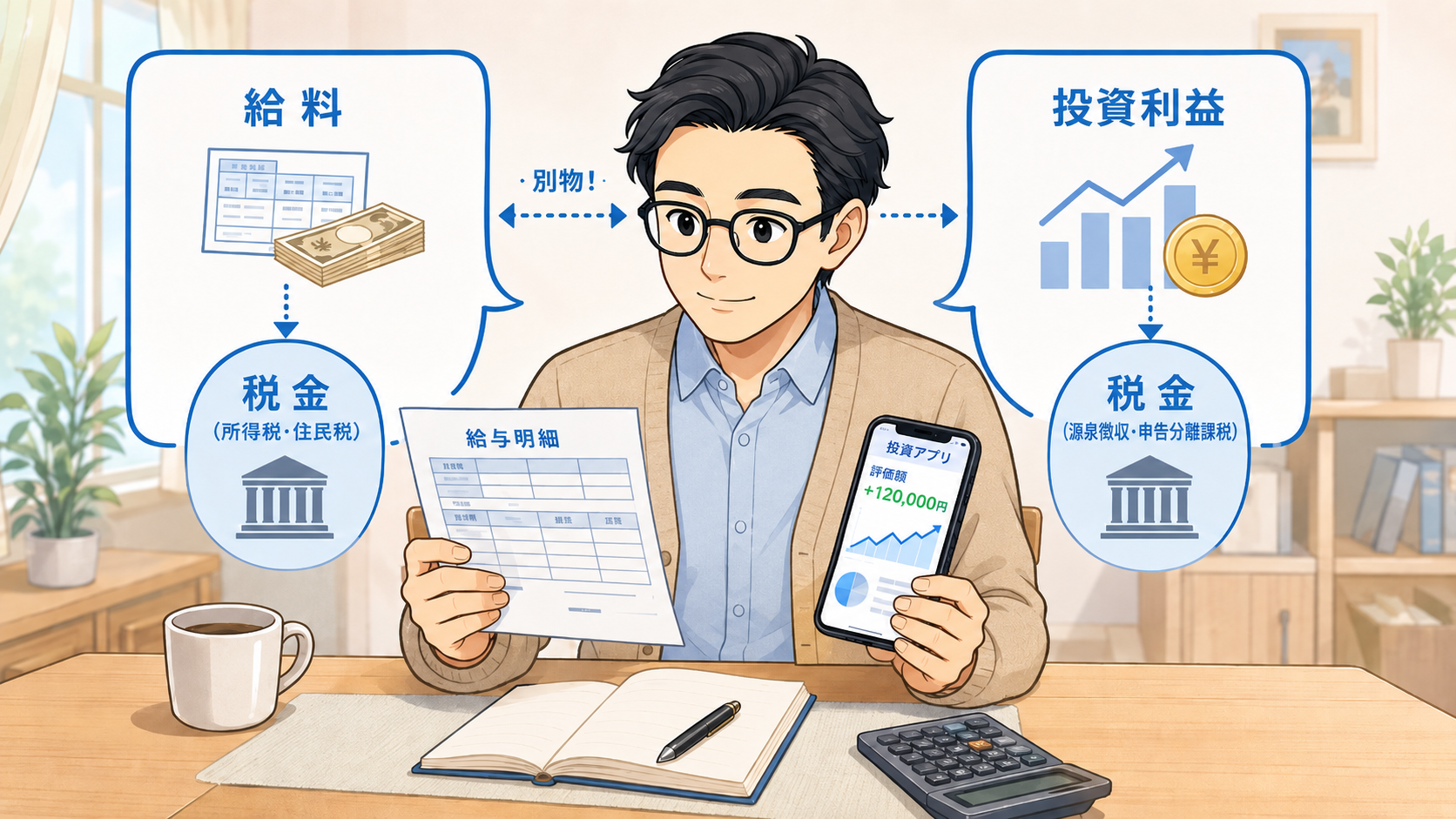新NISAの非課税は給料の税金ではなく投資利益の税金が対象であることを説明する図