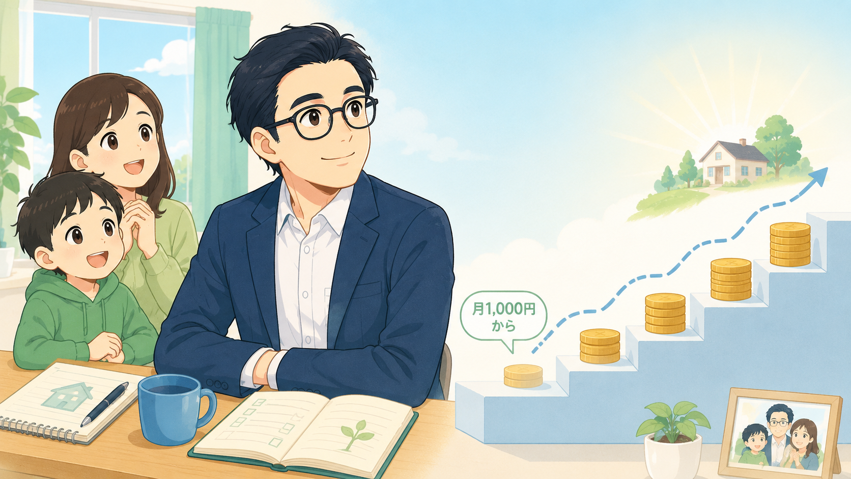 家族で将来を見ながら月1000円から資産形成を始めるイメージ