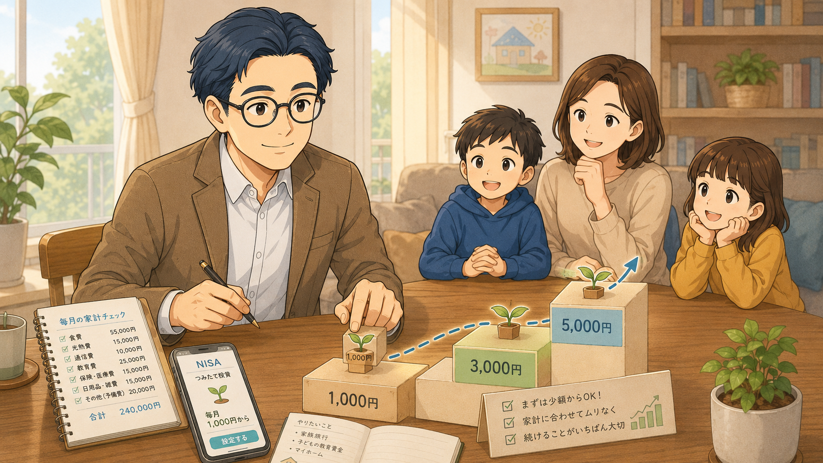 新NISAを月1000円や3000円など少額から無理なく始めるステップのイラスト