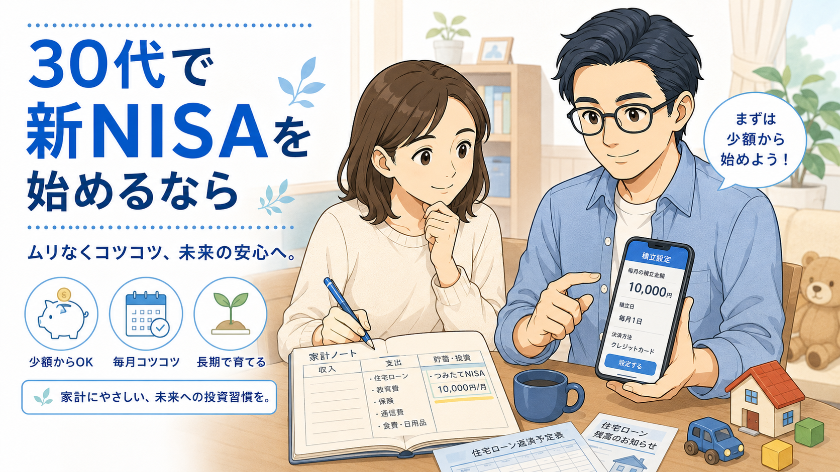 30代で新NISAを始めるなら少額から家計に合わせて積立設定することを説明する挿絵