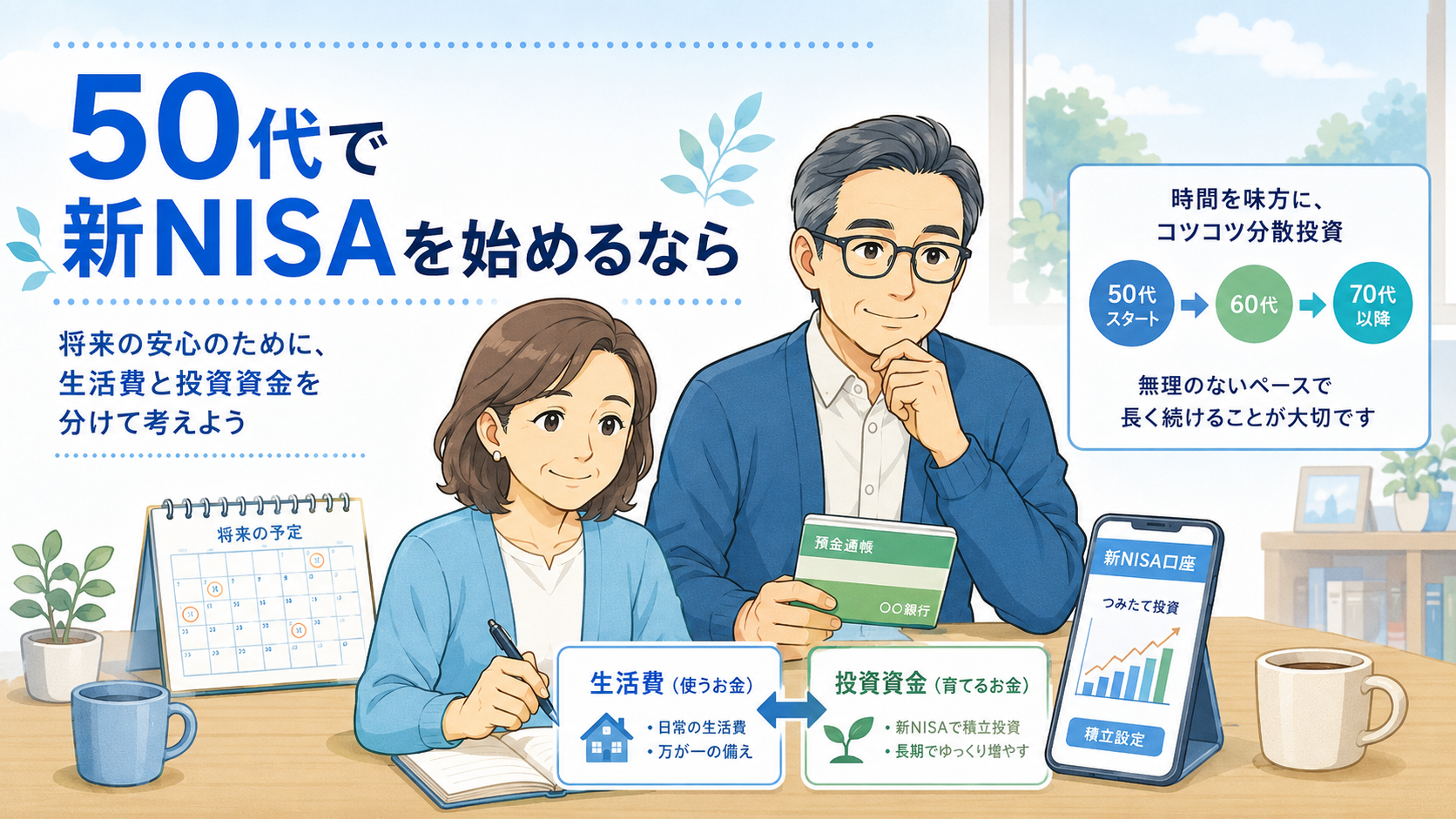 50代で新NISAを始めるなら生活費と投資資金を分けて無理なく続けることを説明する挿絵