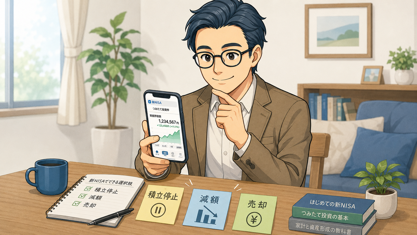 新NISAで積立停止・減額・売却を選べることを示す挿絵