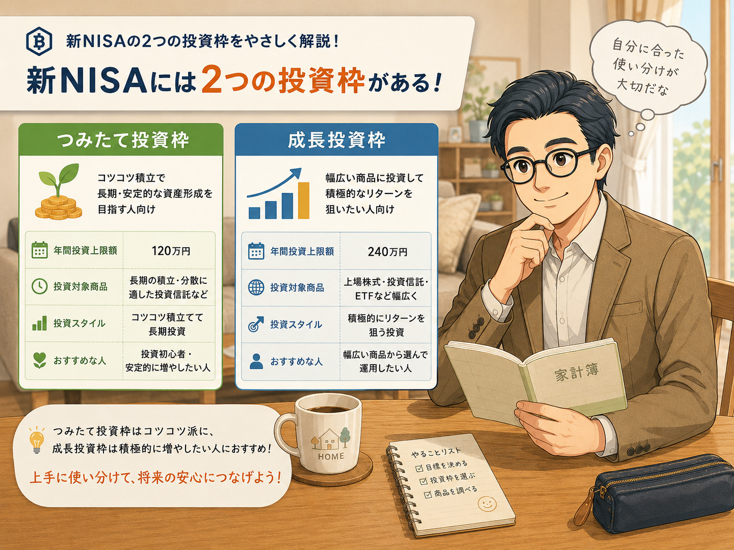 新NISAのつみたて投資枠と成長投資枠の特徴を比較した図解