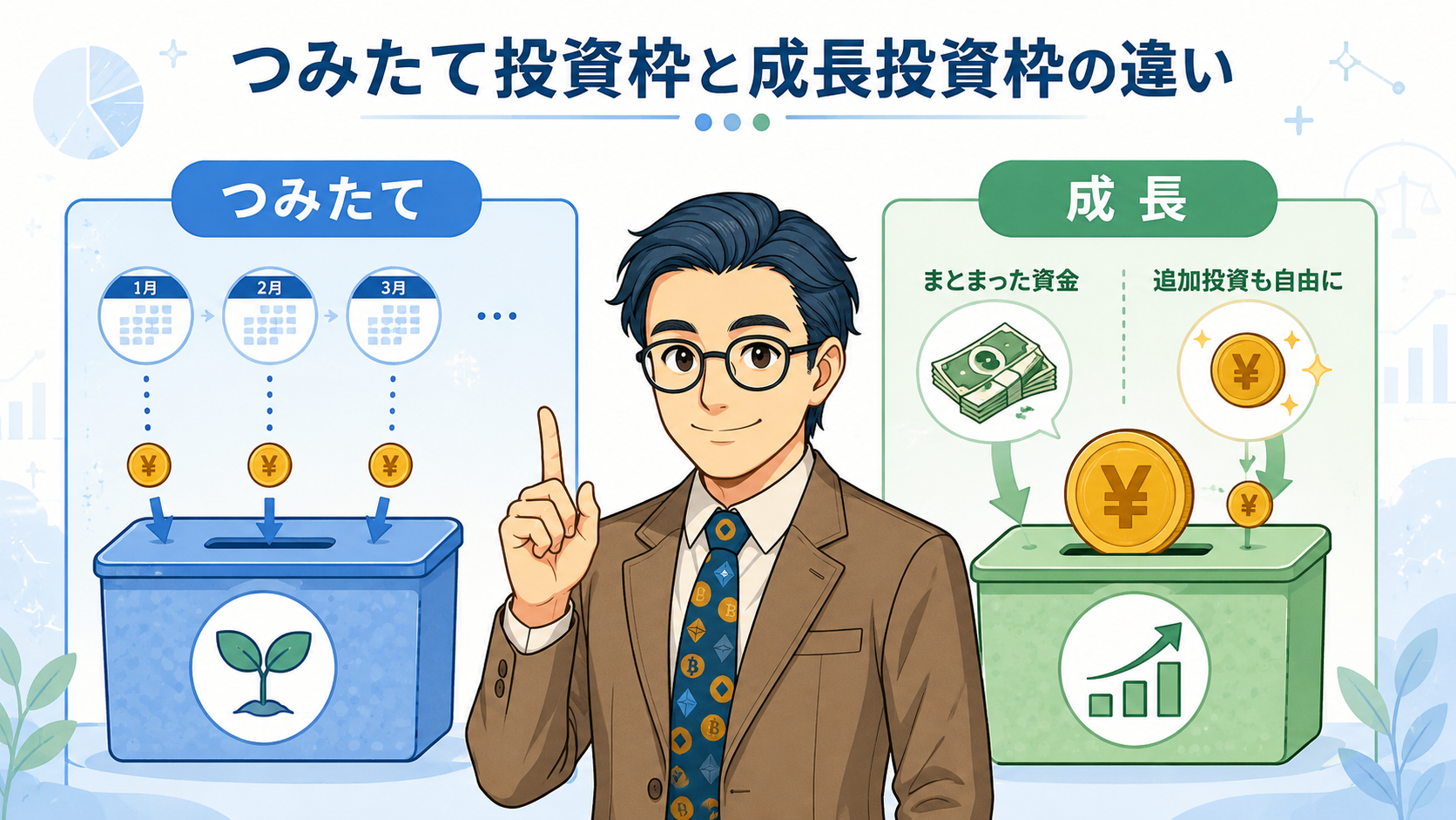 新NISAのつみたて投資枠と成長投資枠の違いを毎月積立と追加投資のイメージで説明する図解