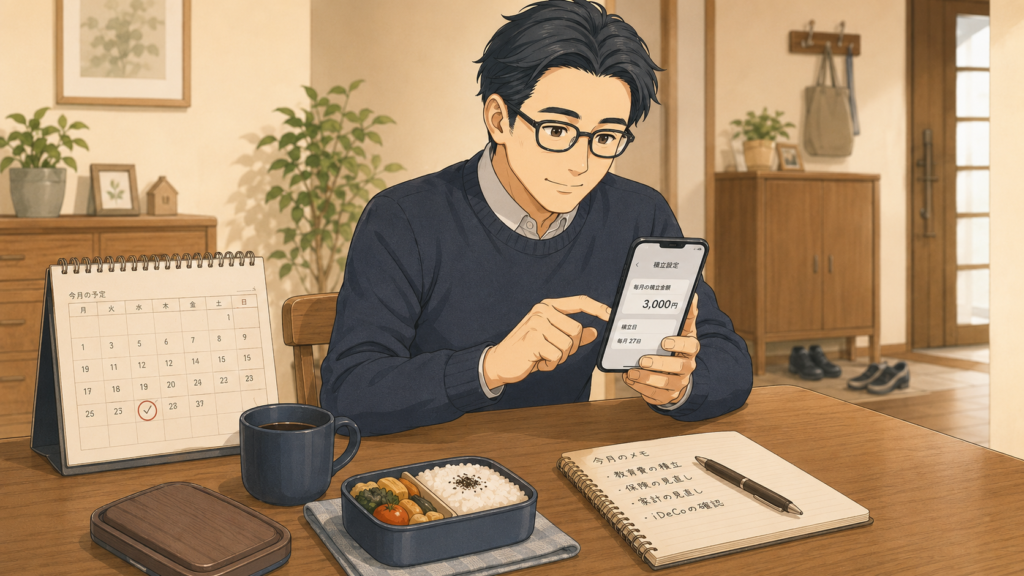 スマホで月3,000円の積立設定を確認する会社員パパの挿絵