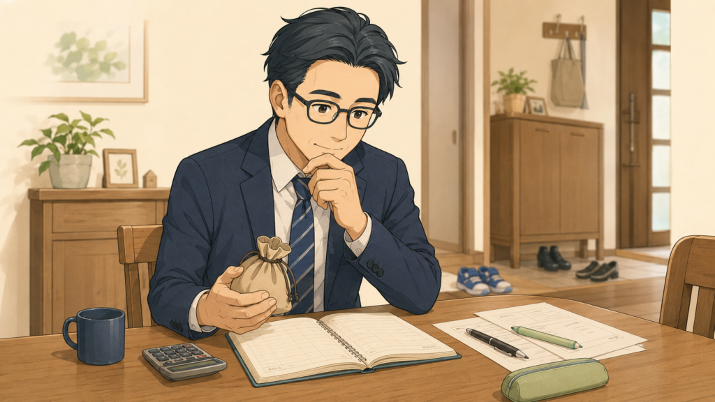 お小遣い袋と家計簿を前に月3,000円の資産形成を考える会社員パパの挿絵