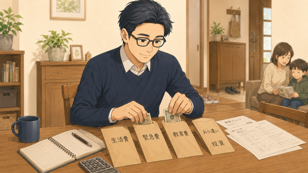 生活費、緊急費、教育費、お小遣い投資を封筒で分けて管理する挿絵
