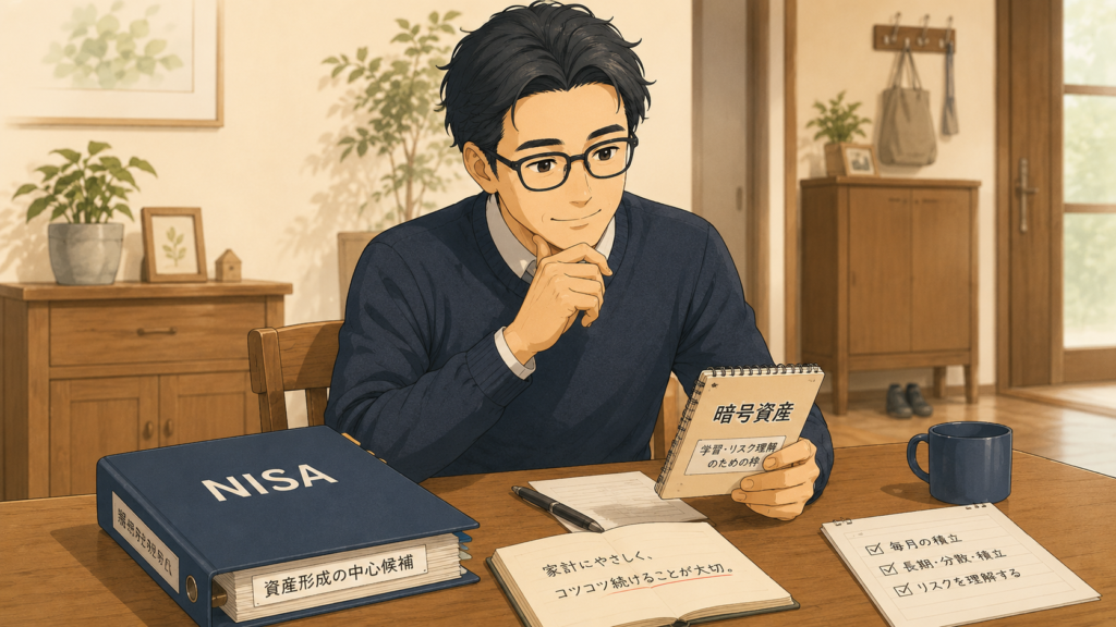 NISAファイルと暗号資産の学習メモを見ながら資産形成を考える会社員パパの挿絵