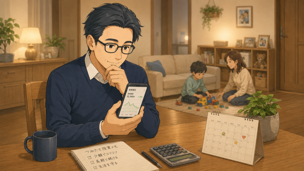 投資メモとスマホ画面を確認しながら少額投資を長く続ける会社員パパの挿絵