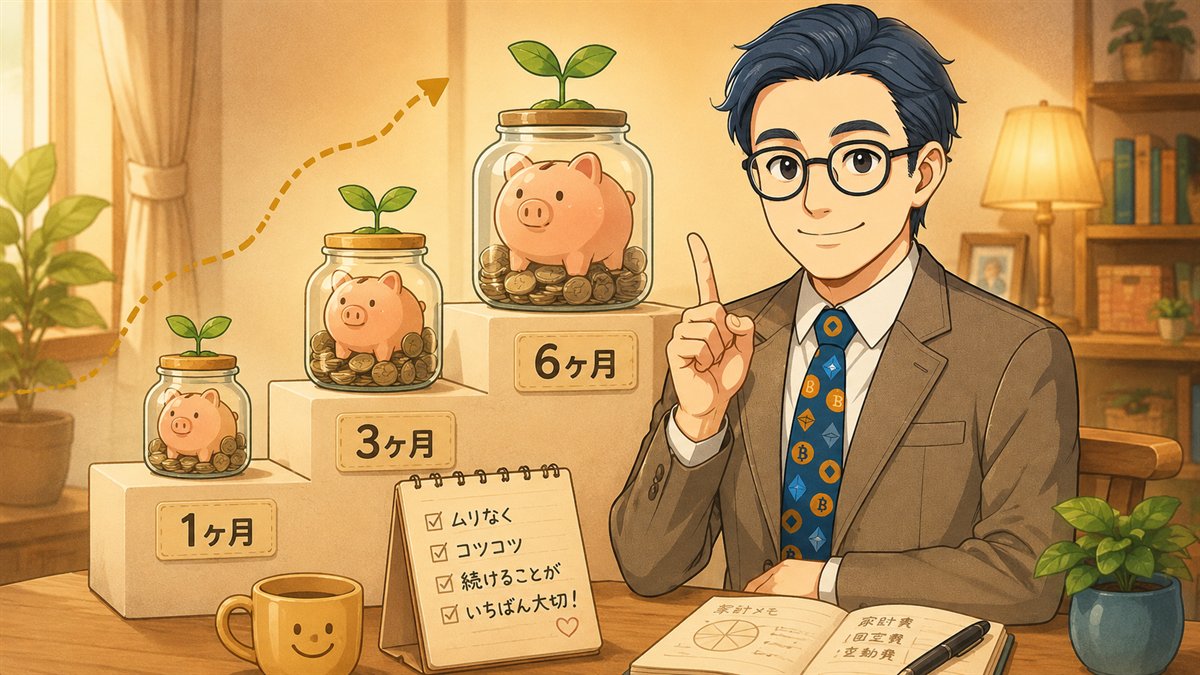 生活防衛資金を1ヶ月分から3ヶ月分、6ヶ月分へ無理なく積み上げるイラスト