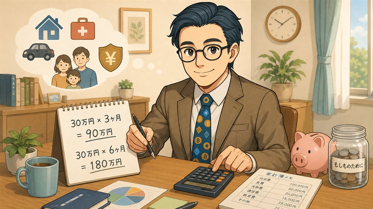 毎月の生活費から生活防衛資金の3ヶ月分と6ヶ月分を計算するイラスト