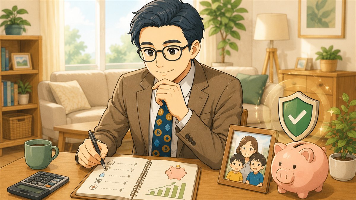生活防衛資金で家族の暮らしを守るために家計を確認する会社員パパのイラスト