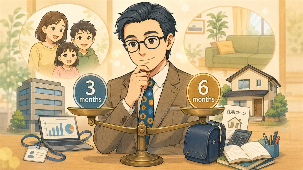 生活防衛資金を3ヶ月分にするか6ヶ月分にするか比較する会社員パパのイラスト