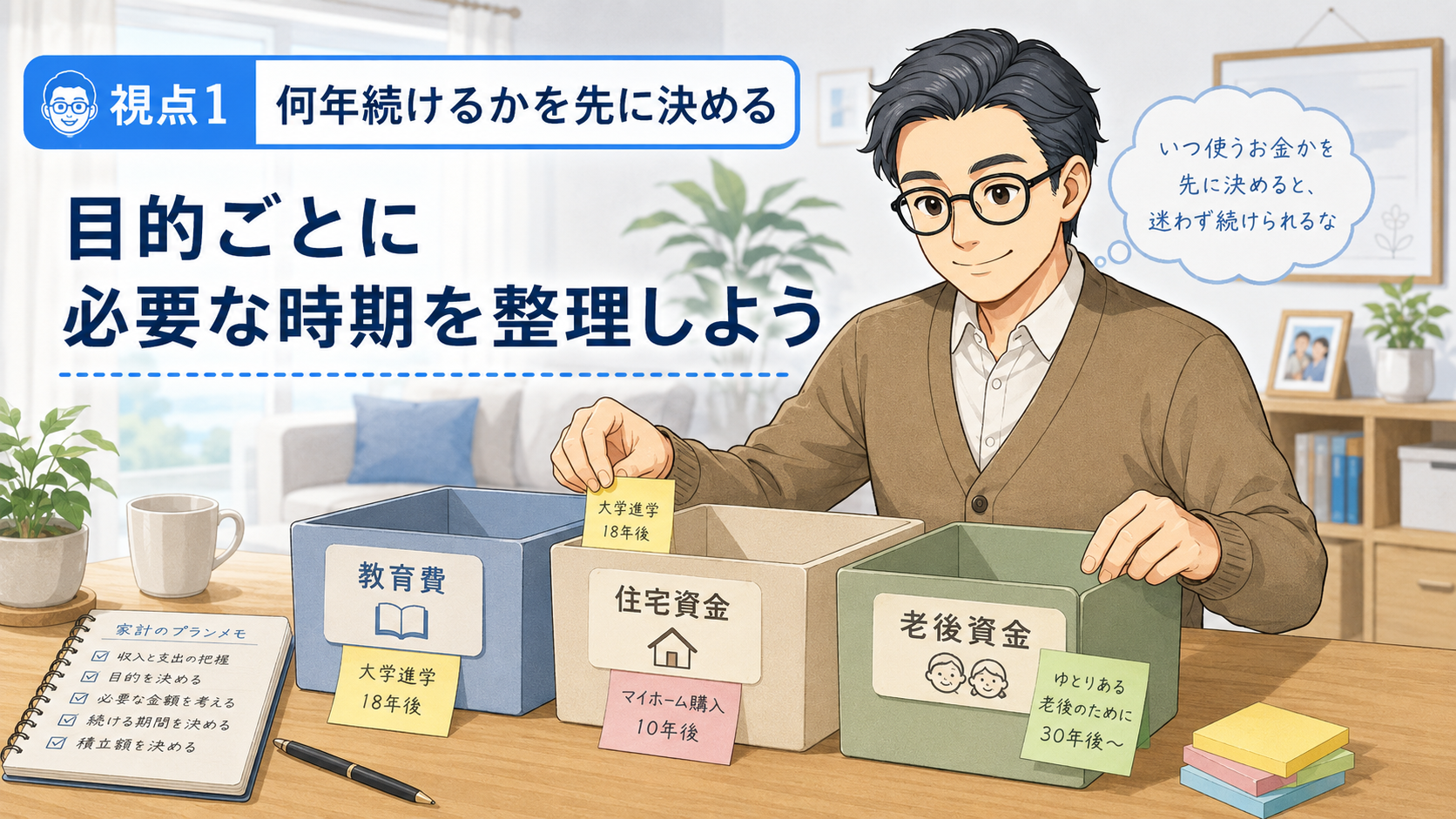 教育費、住宅資金、老後資金など目的ごとに必要な時期を整理する挿絵