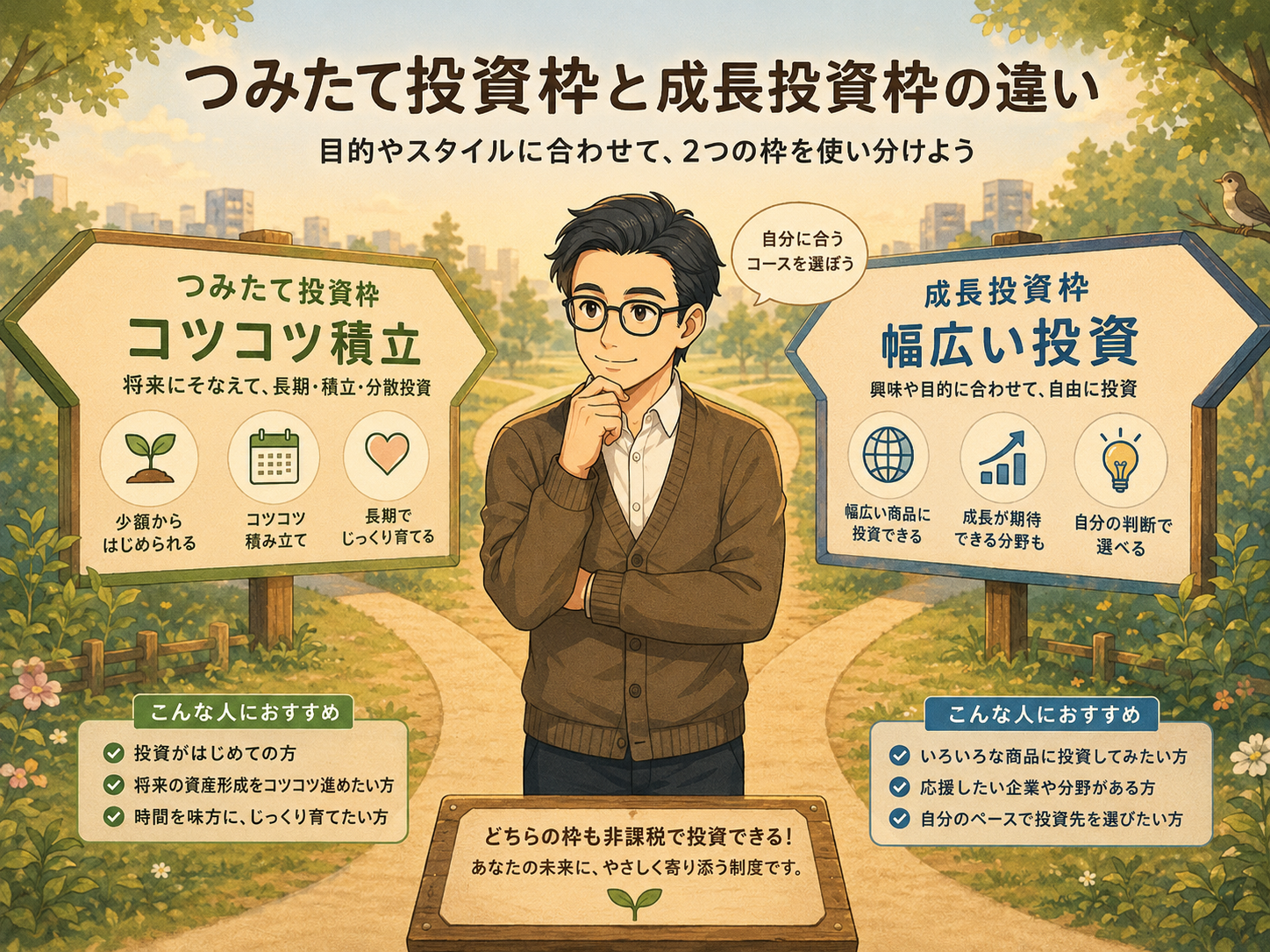 新NISAのつみたて投資枠と成長投資枠の違いを比較する挿絵
