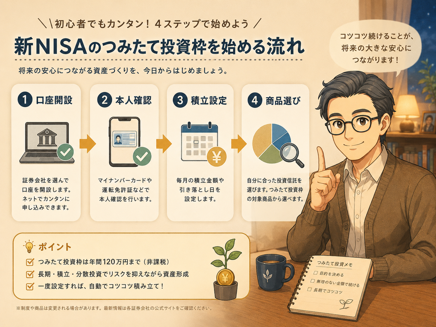 新NISAのつみたて投資枠を口座開設から商品選びまで4ステップで始める流れの挿絵