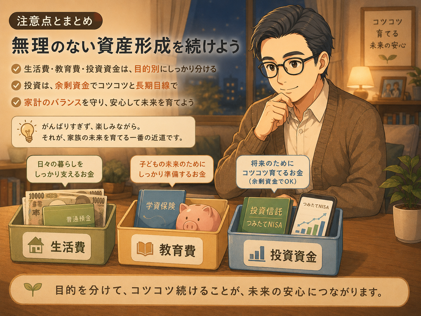 生活費、教育費、投資資金を目的別に分けて無理なく資産形成を続ける注意点の挿絵