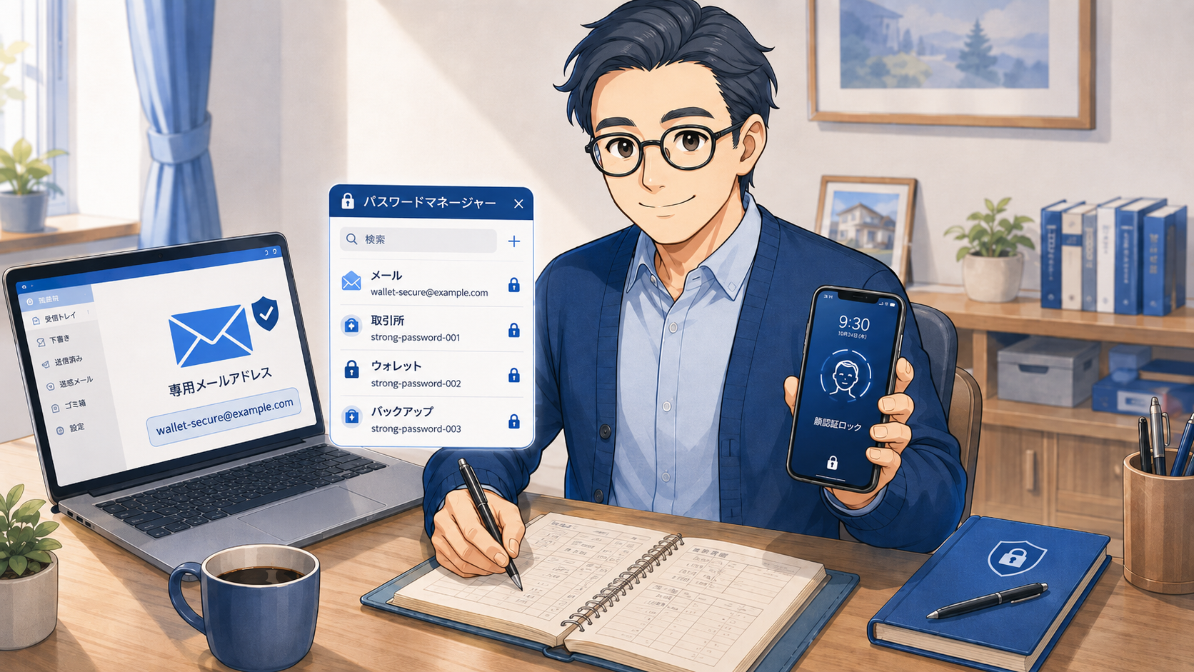 専用メールアドレス、パスワード管理、スマホロックなど暗号資産を始める前の基本設定を示すイラスト
