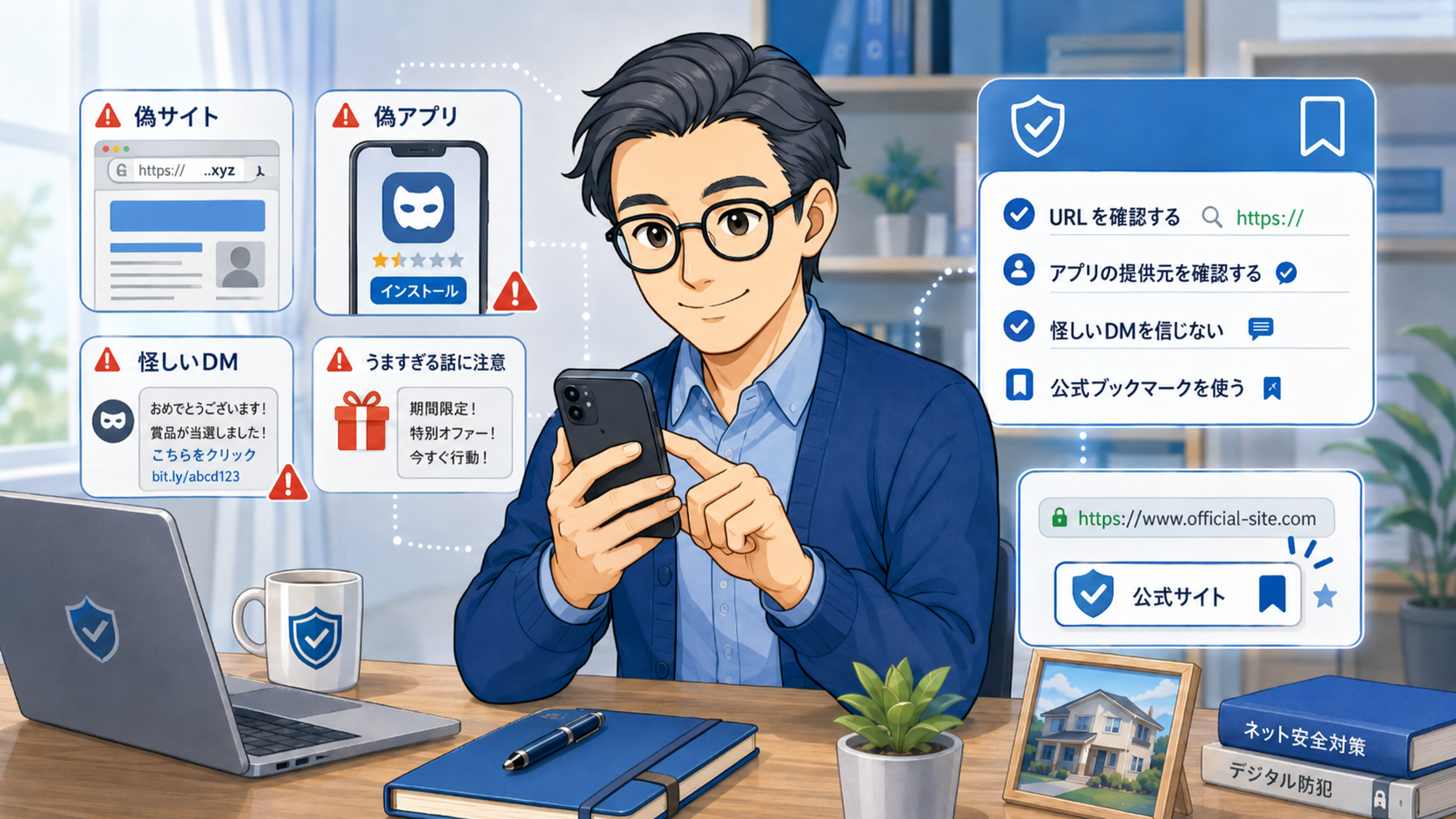 偽サイト、偽アプリ、怪しいDMを避けて公式サイトや公式ストアを確認する暗号資産初心者向けイラスト