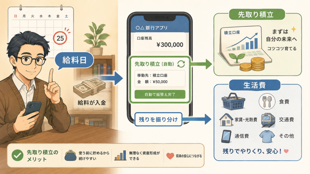 給料日に先取り積立で将来資金と生活費を分ける流れを説明する図解